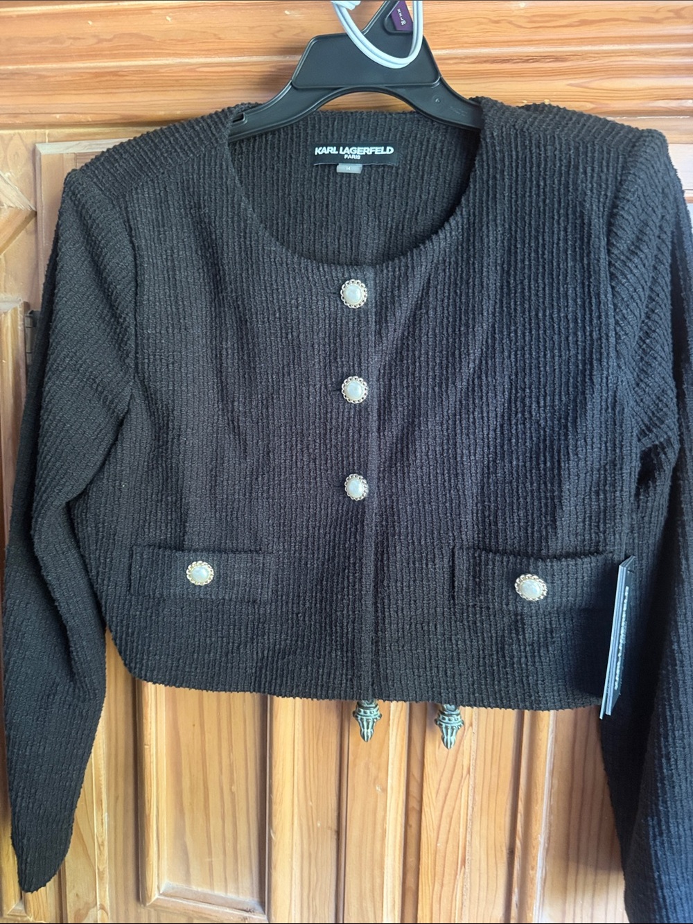 Karl Lagerfeld Black Cropped Textured jacket with Pearl-Style Buttons NWT